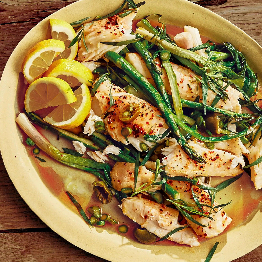 Butter-Roasted Halibut with Asparagus and Olives