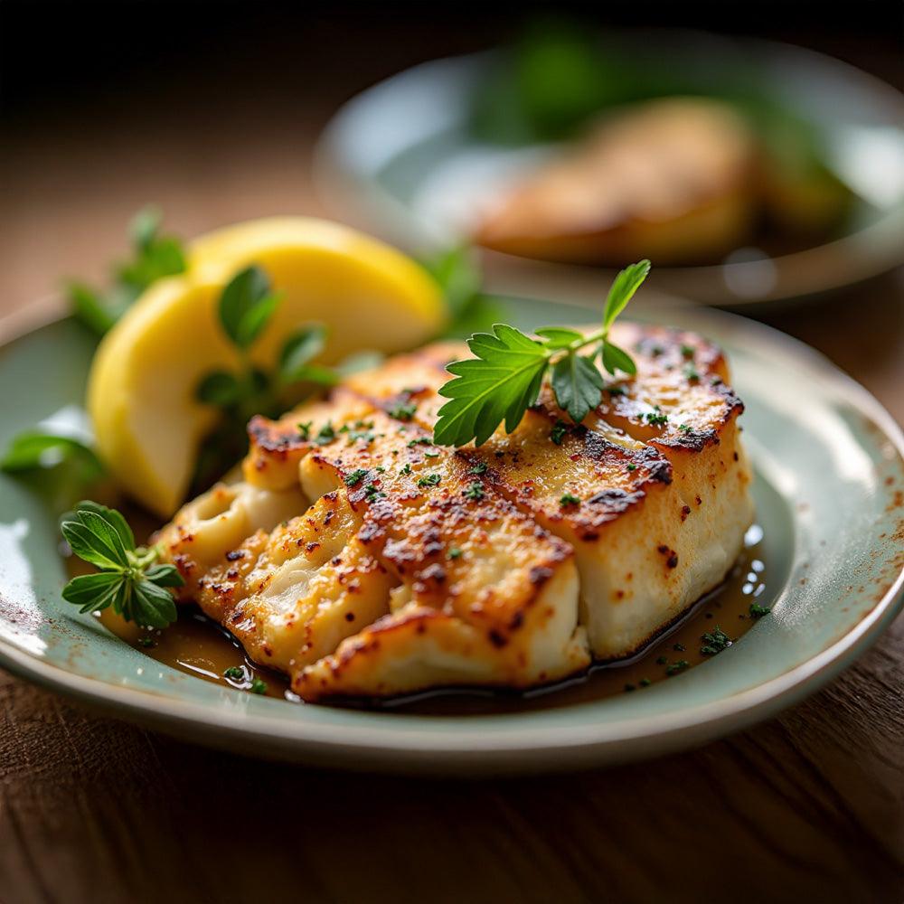 Grilled fish fillet with lemon and herbs, fresh seafood meal