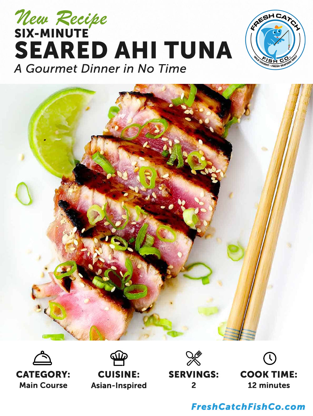 Seared ahi tuna slices with sesame seeds, green onions, and lime wedge — Asian-inspired gourmet dinner