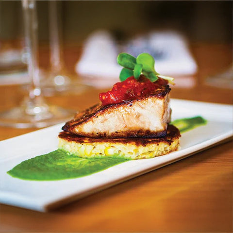 Pan-seared Gulf Amberjack with Griddle Cake, Basil Jalapeño Purée & Tomato Jam