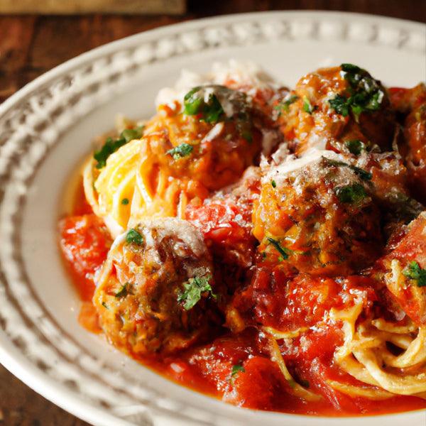 Spaghetti with meatballs in rich tomato sauce, garnished with fresh herbs and grated cheese