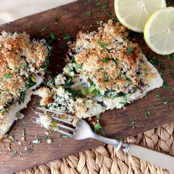 Tripletail Stuffed with Leek, Mushroom & Spinach - Fresh Catch Fish Co.